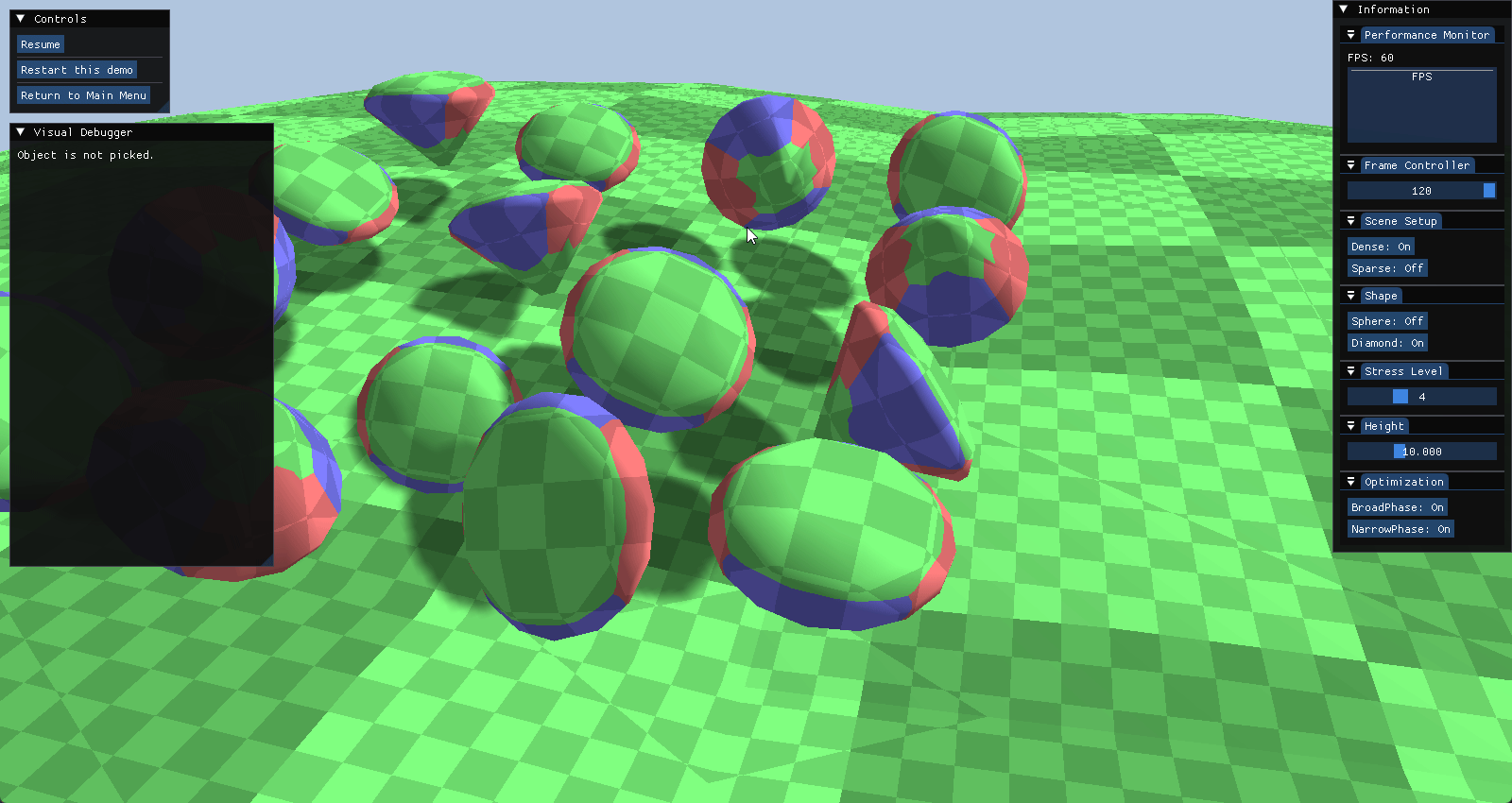 Visualization of contact manifolds: Red boxes denote contact points, yellow arrows indicate normals, and the blue highlight identifies the collision primitive