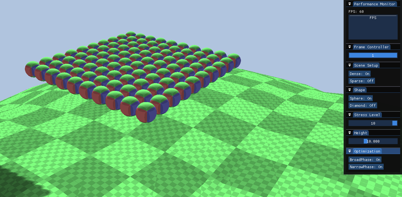 Dense configuration: High object concentration testing broad-phase overlap efficiency